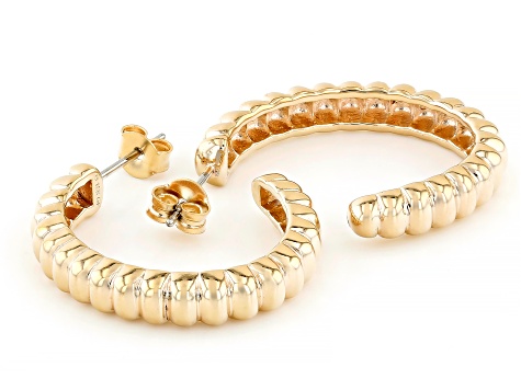 18k Yellow Gold Over Bronze 1" Scalloped J-Hoop Earrings
