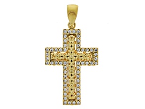 18k Yellow Gold Over Bronze Cubic Zirconia Textured Cross Pendant