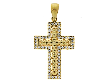Picture of 18k Yellow Gold Over Bronze Cubic Zirconia Textured Cross Pendant