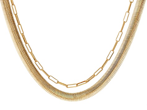 18k Yellow Gold Over Bronze 8mm Snake and Paperclip Link Combo Necklace
