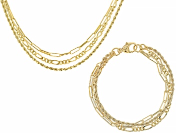 Picture of 18k Gold Over Bronze Paperclip, Figaro and Rope Link Multi-Row Necklace and Bracelet Set