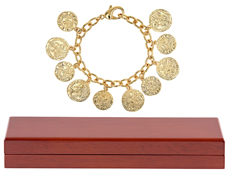 18k Yellow Gold Over Bronze Coin Bracelet and Wooden Presentation Bracelet Box Set