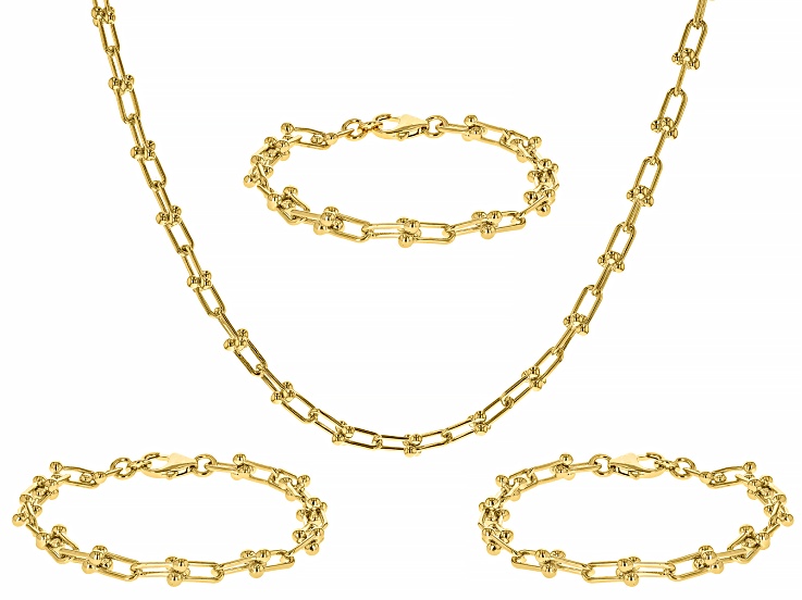 18k Yellow Gold Over Bronze 6mm Stirrup Briglia Bracelet and Necklace Set of 4