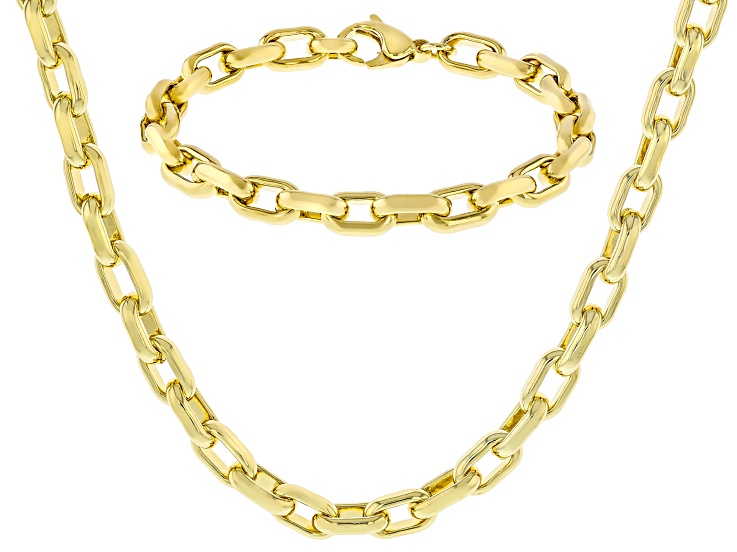 18k Yellow Gold Over Bronze 7mm Beveled Paperclip Link Bracelet and Necklace Set