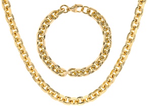18k Yellow Gold Over Bronze Beveled Curb 20 Inch Chain and Bracelet Set of 2