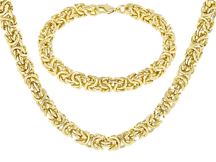18k Yellow Gold Over Bronze 6.6mm Byzantine Necklace and Bracelet Set of 2