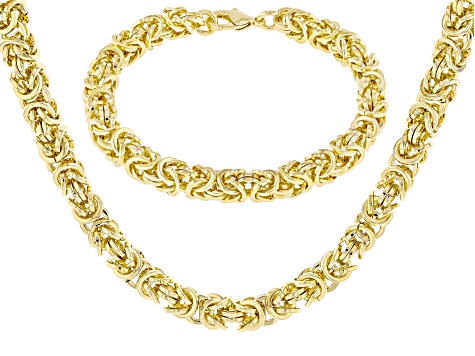18k Yellow Gold Over Bronze 6.6mm Byzantine Necklace and Bracelet Set of 2