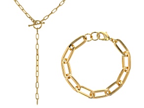 Moda Al Massimo® 18k Yellow Gold Over Bronze Paperclip Bracelet and 28" Necklace Set of 2