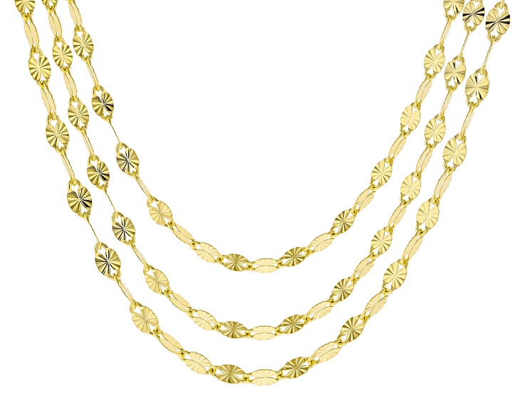 18k Yellow Gold Over Bronze 3.5mm Sunburst Mirror Link 18", 20", 24" Chain Set of 3
