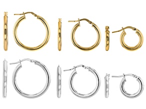 18K Gold Over Bronze, Platinum Over Bronze 10mm, 15mm, 20mm Hoop Earring Set of 6