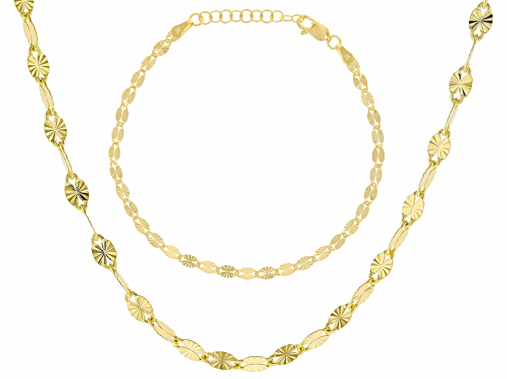18k Yellow Gold Over Bronze 3.5mm Sunburst Mirror 24" Chain and Bracelet Set of 2