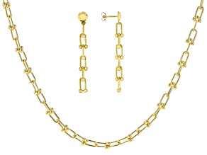 18k Yellow Gold Over Bronze 6mm Stirrup Briglia 18" Chain and Stirrup Briglia Link Earring Set of 2