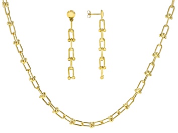 Picture of 18k Yellow Gold Over Bronze 6mm Stirrup Briglia 18" Chain and Stirrup Briglia Link Earring Set of 2