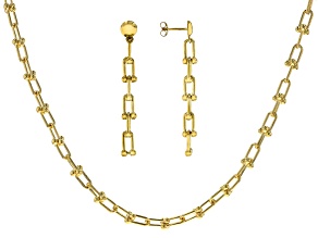 18k Yellow Gold Over Bronze Stirrup Briglia 20" Chain and Dangle Earring Set of 2