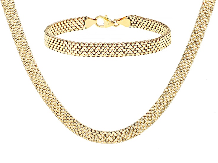 18k Yellow Gold Over Bronze Woven Bead Necklace & Bracelet