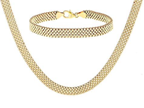 18k Yellow Gold Over Bronze Woven Bead Necklace & Bracelet