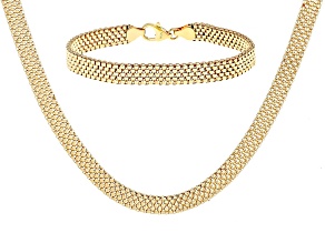 18k Yellow Gold Over Bronze Woven Bead Necklace & Bracelet