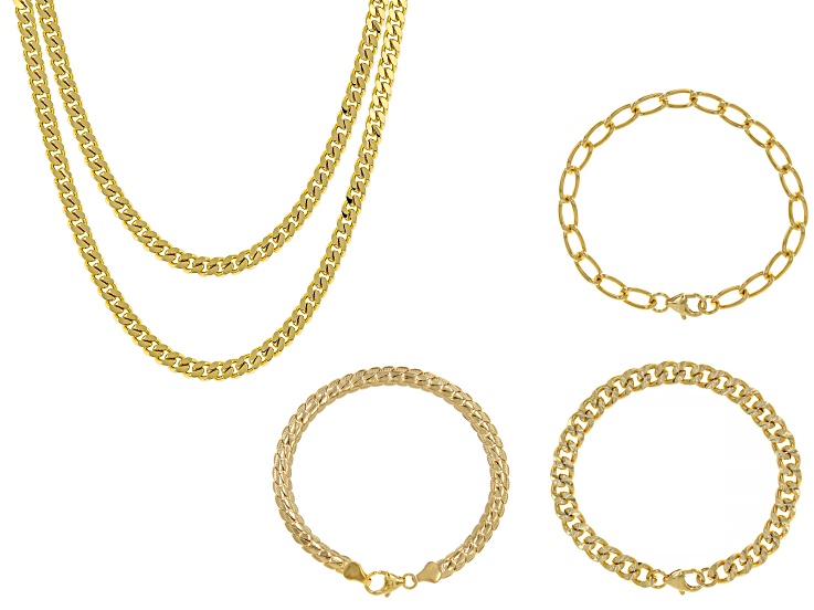 18k Gold Over Bronze Curb 18" & 20" Chain Set of 2 & Curb Link Bracelet Set of 3