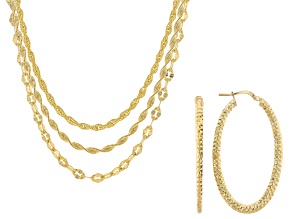 18k Gold Over Bronze Herringbone, Mirror, and Rope Chains & Oval Hoop Earrings