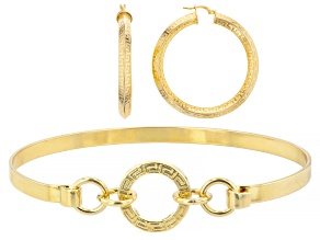 18K Gold Over Bronze Greek Key Bangle Bracelet & Greek Key Tube Hoop Earrings