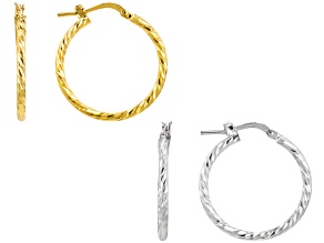 18k Yellow Gold Over Bronze 1" Hoop & Platinum Over Bronze 1" Hoop Earrings Set