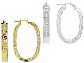 18k Yellow Gold Over Bronze and Platinum Over Bronze Greek Key Oval Hoop Earrings Set of 2