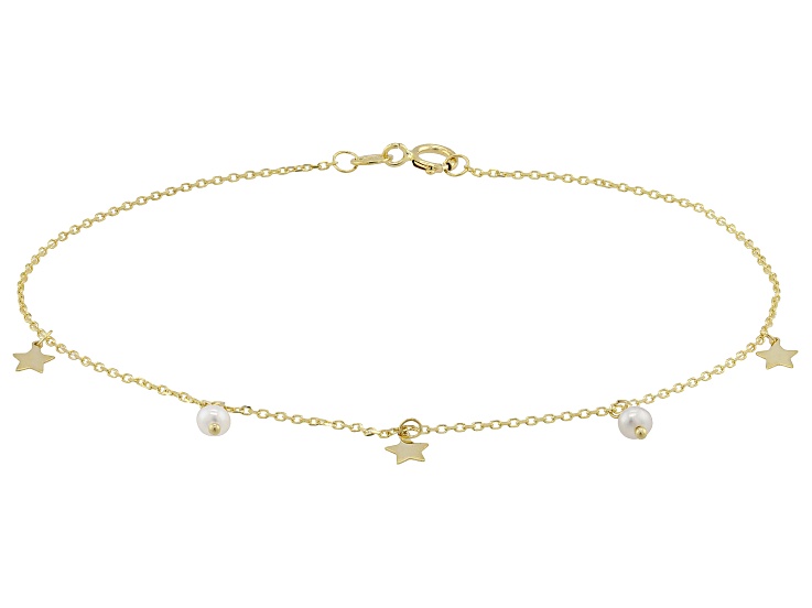 14k Yellow Gold Dangling Stars And Cultured Freshwater Pearls Bracelet