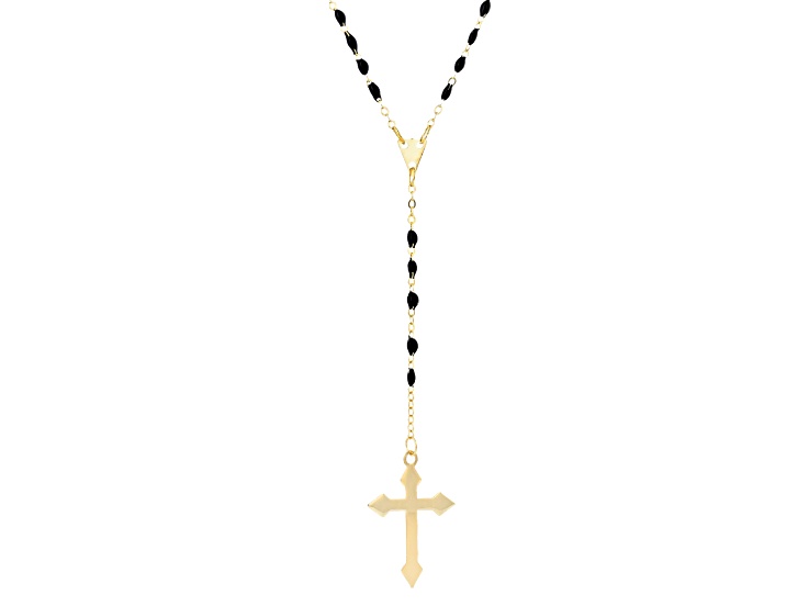 14K Yellow Gold with Black Enamel Rosary Inspired 18 Inch Necklace