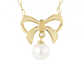 14K Yellow Gold with 6.5mm White Cultured Freshwater Pearl Polished Bow 18 Inch Necklace