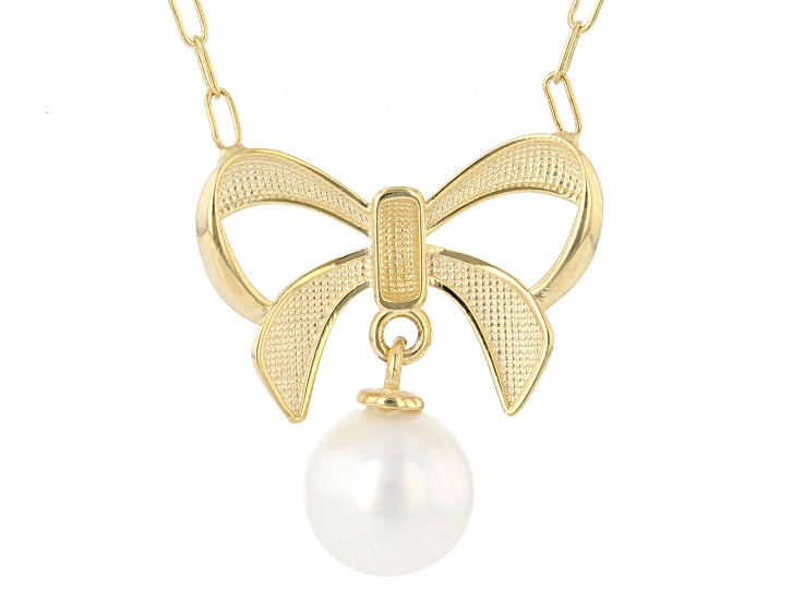 14K Yellow Gold with 6.5mm White Cultured Freshwater Pearl Polished Bow 18 Inch Necklace