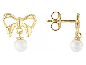 14K Yellow Gold with 4.5mm White Cultured Freshwater Pearl Polished Bow Dangle Earrings