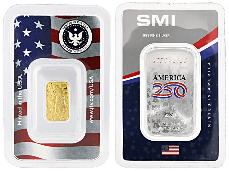 24k Yellow Gold 1g Blister Pack & 0.999 1oz Silver Ingot America250â„¢ Set of 2