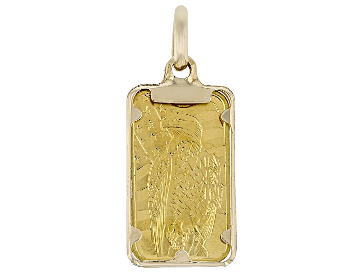 24k Yellow Gold 1g American Bald Eagle & American Flag Ingot With 10k Yellow Gold Frame Pendant
