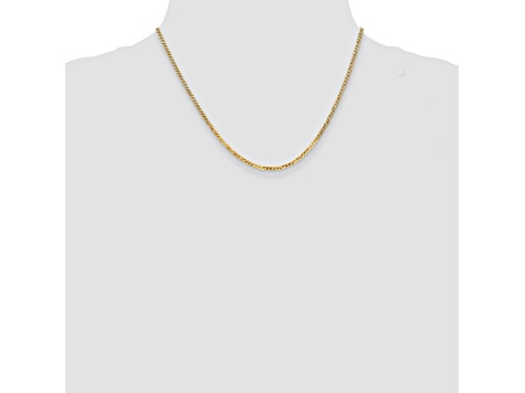 14k yellow gold 2.2mm polished flat beveled curb chain with lobster clasp. Measures 18"L x 3/32"W.
