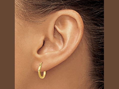 14k Yellow Gold 13mm x 2mm Satin and Diamond-cut  Round Tube Hoop Earrings