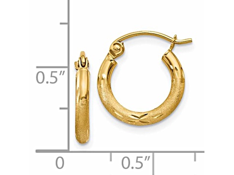 14k Yellow Gold 13mm x 2mm Satin and Diamond-cut  Round Tube Hoop Earrings