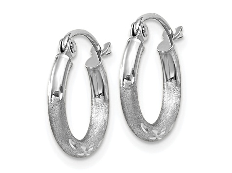 14k White Gold 13mm x 2mm Satin and Diamond-cut Round Hoop Earrings