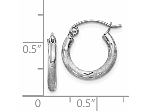 14k White Gold 13mm x 2mm Satin and Diamond-cut Round Hoop Earrings