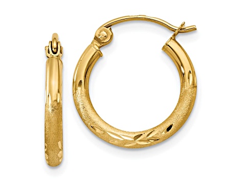 14k Yellow Gold Satin & Diamond Cut 2mm Round Tube Hoop Earrings Length 65mm 