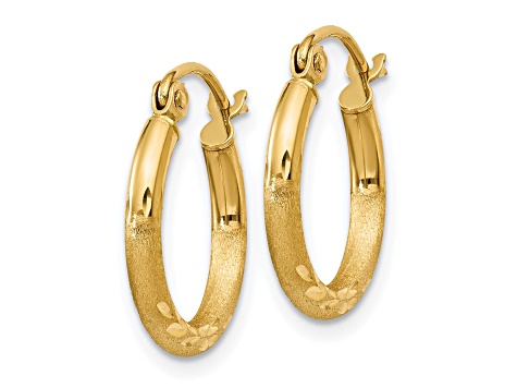 14k Yellow Gold 15mm x 2mm Satin and Diamond-cut Round Tube Hoop Earrings