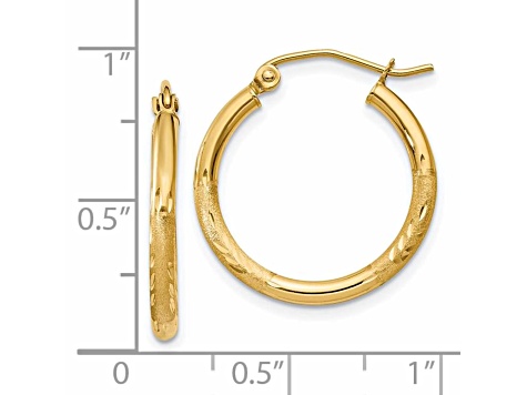 14k Yellow Gold 20mm x 2mm Satin and Diamond-cut  Round Hoop Earrings