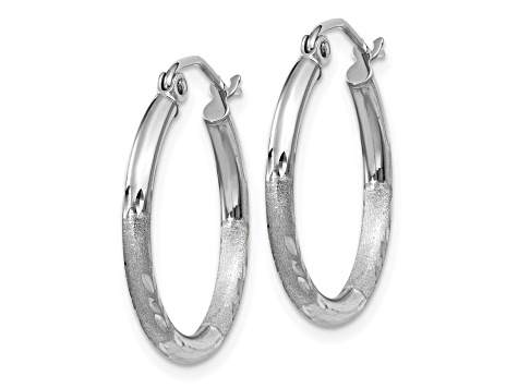 14k White Gold Satin and Diamond-cut 2mm Round Hoop Earrings