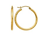 14k Yellow Gold 25mm x 2mm Satin and Diamond-cut  Round Tube Hoop Earrings