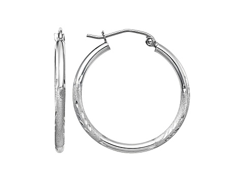 14k White Gold 25mm x 2mm Satin and Diamond-cut Round Hoop Earrings