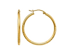 14k Yellow Gold 30mm x 2mm Satin and Diamond-cut Round Tube Hoop Earrings