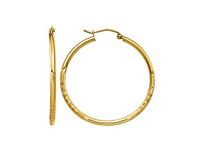 14k Yellow Gold 35mm x 2mm Satin and Diamond-cut Round Tube Hoop Earrings