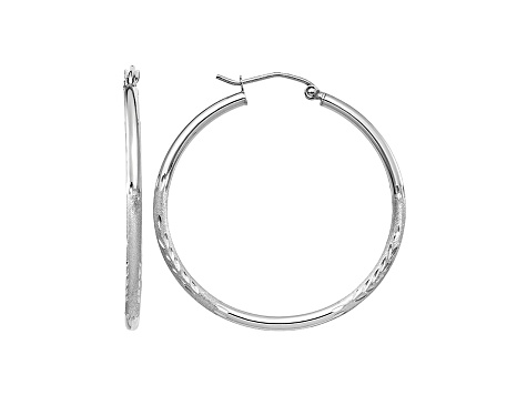 14k White Gold 35mm x 2mm Satin and Diamond-cut Round Hoop Earrings