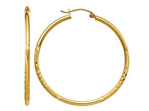 14k Yellow Gold 40mm x 2mm Satin and Diamond-cut Round Tube Hoop Earrings