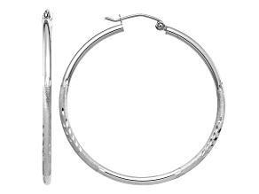 14k White Gold 40mm x 2mm Satin and Diamond-cut  Round Hoop Earrings