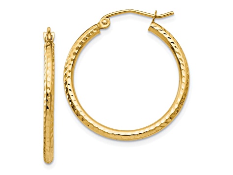 14k Yellow Gold 25mm x 2mm Diamond-cut Round Tube Hoop Earrings